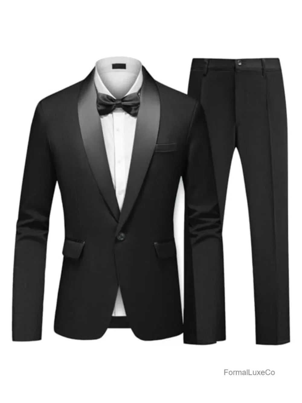 Men's Shawl Lapel Tuxedo 2 Piece Set with Bow Tie, One Button, Satin Lapel,